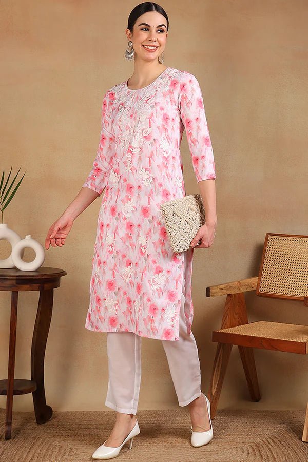 Women’s White Cotton Blend Straight Kurta – Embroidered Ethnic Print | 3/4 Sleeves | Festive & Daily Wear - DWEEP SARA