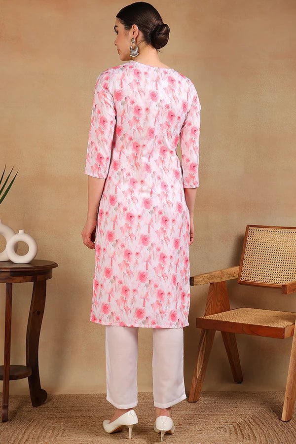 Women’s White Cotton Blend Straight Kurta – Embroidered Ethnic Print | 3/4 Sleeves | Festive & Daily Wear - DWEEP SARA