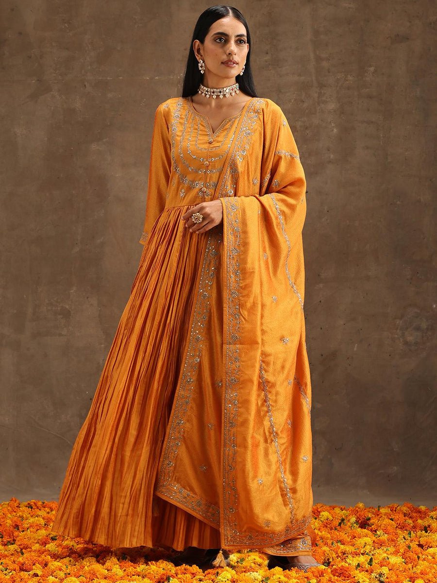 Yellow Embroidered Silk Blend Anarkali Suit Set With Trousers - DWEEP SARA