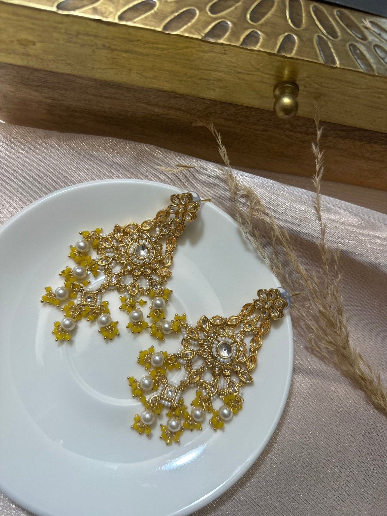 Yellow Kundan Pearl Earrings - DWEEP SARA