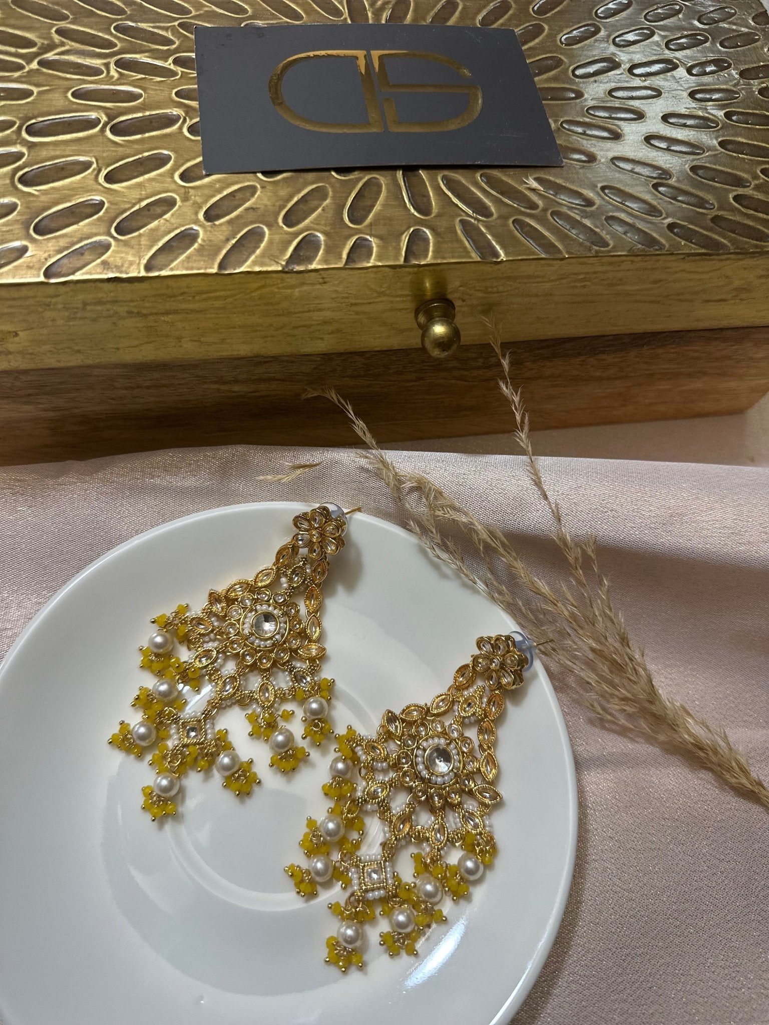 Yellow Kundan Pearl Earrings - DWEEP SARA