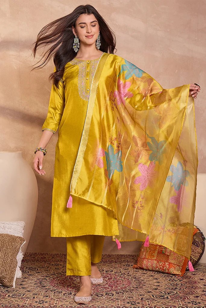 Yellow Silk Blend Solid Embroidered Straight Kurta Trouser With Dupatta - DWEEP SARA