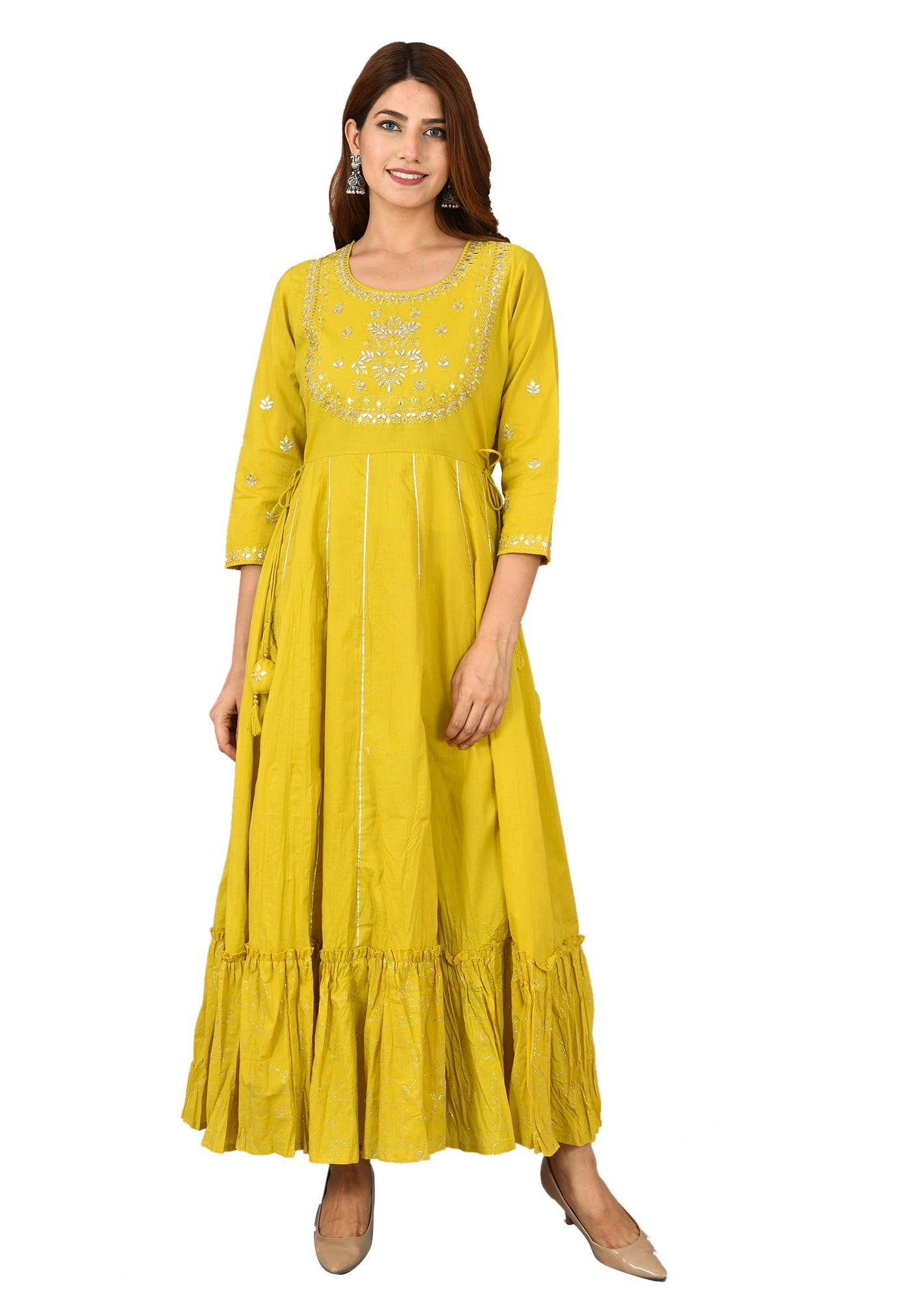 Yellow Solid & Silver Foil Work Pure Cotton Anarkali Dress - DWEEP SARA