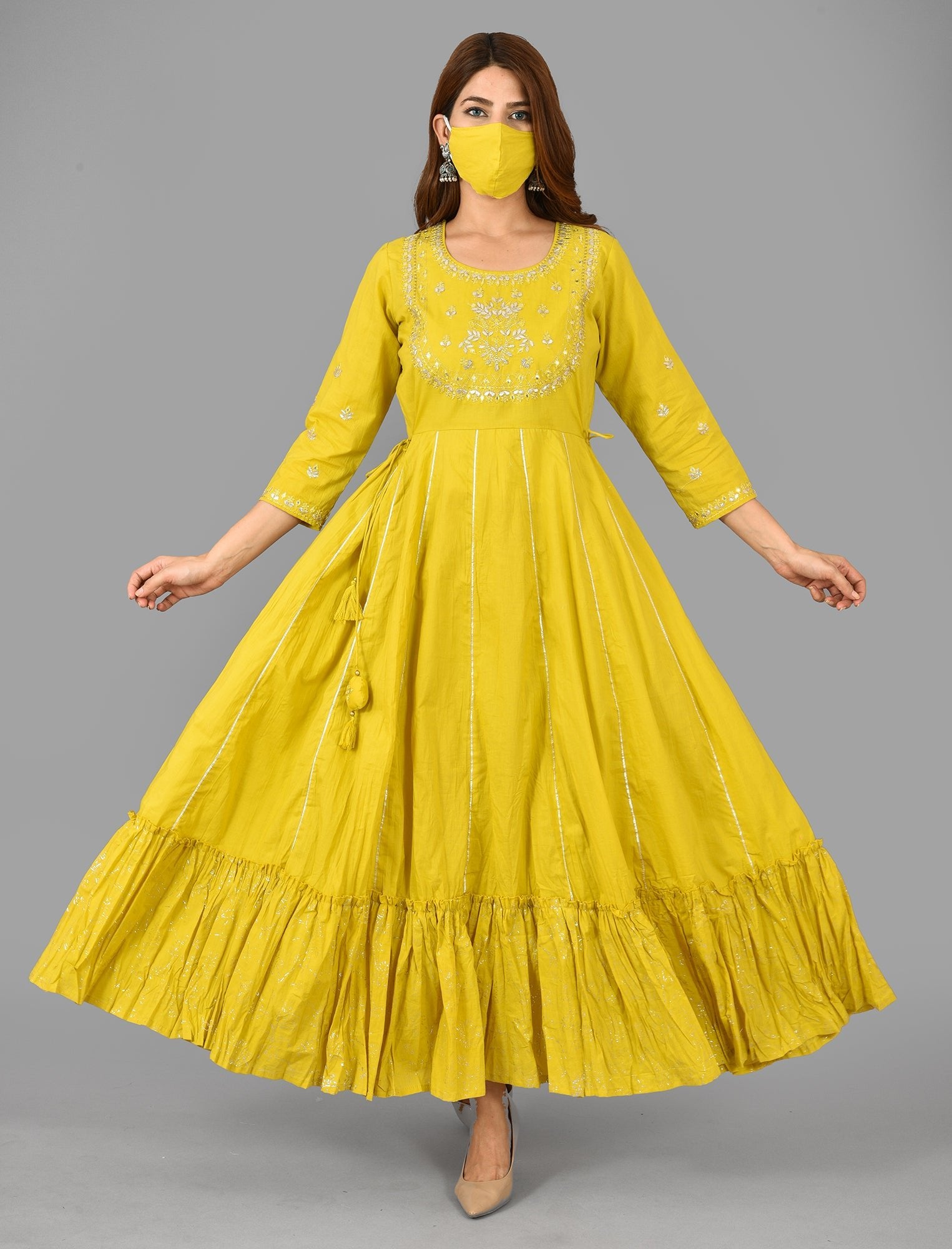 Yellow Solid & Silver Foil Work Pure Cotton Anarkali Dress - DWEEP SARA