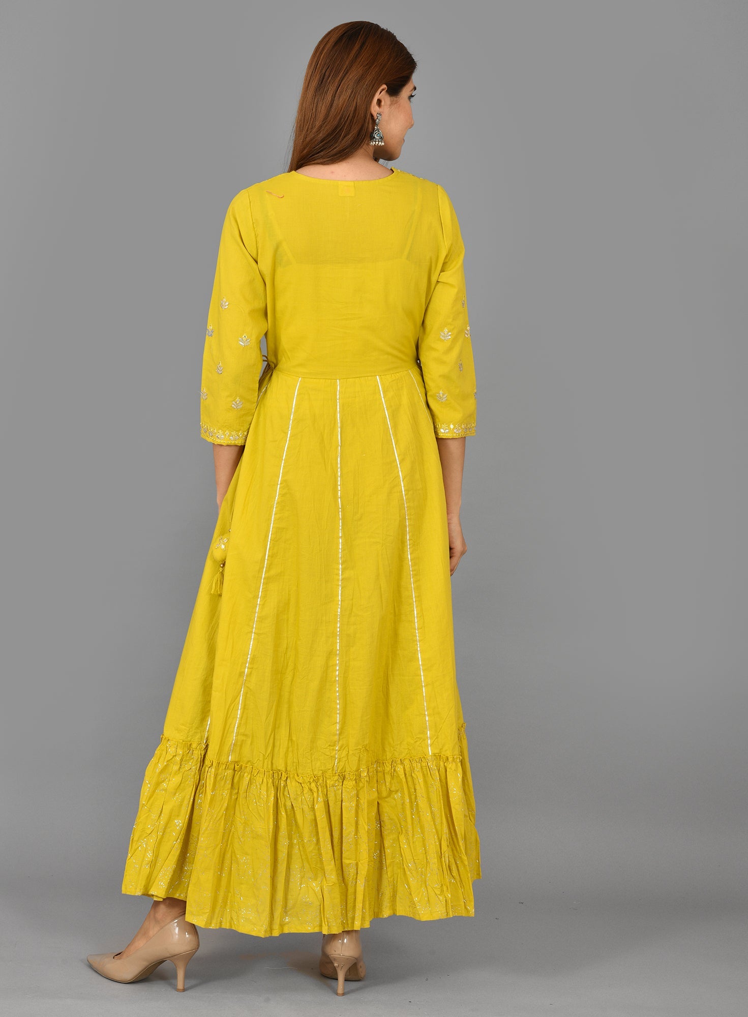 Yellow Solid & Silver Foil Work Pure Cotton Anarkali Dress - DWEEP SARA
