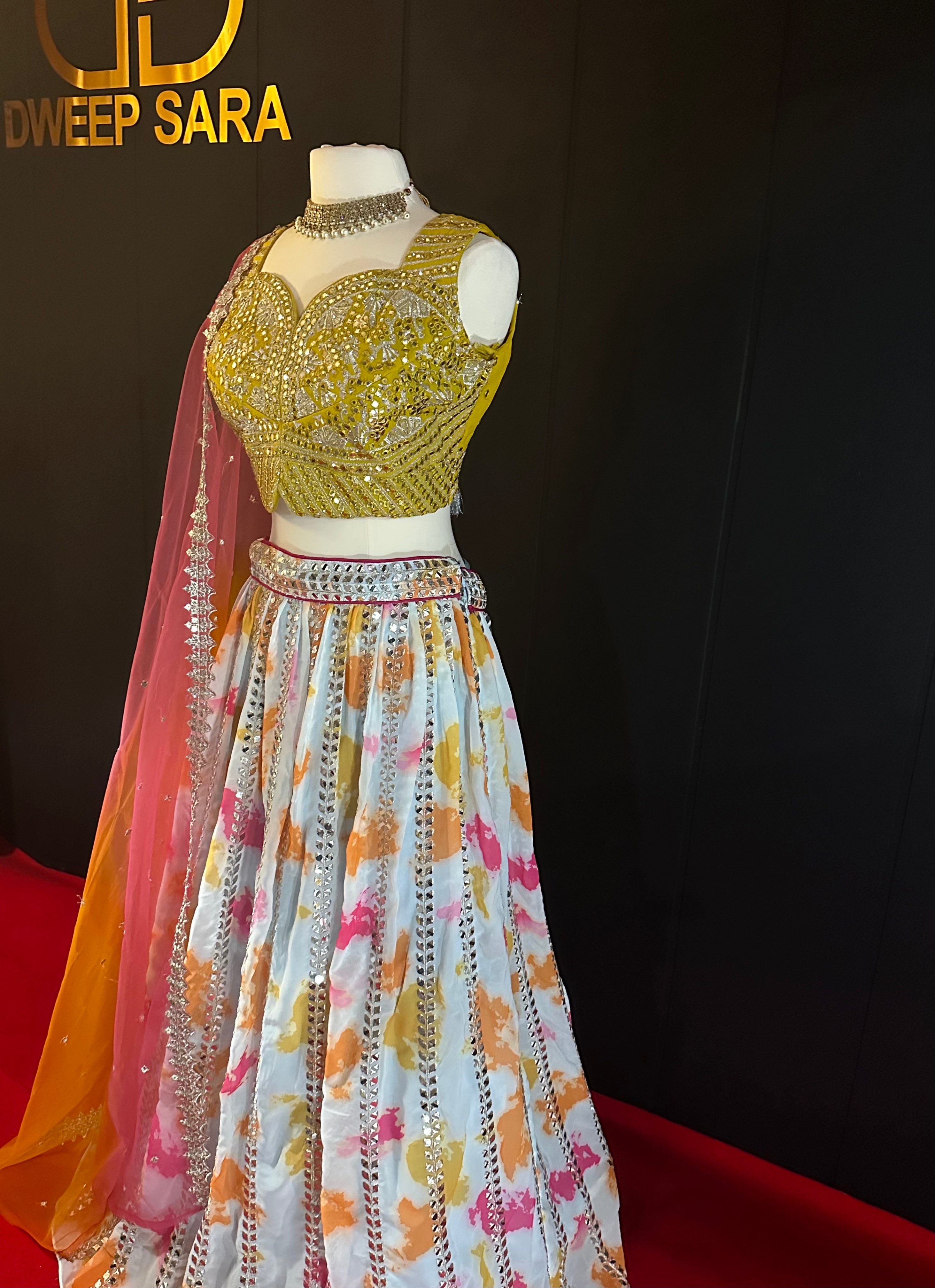 Yellow Pink Tie & Die Mirror Stone & Thread Work Lehenga