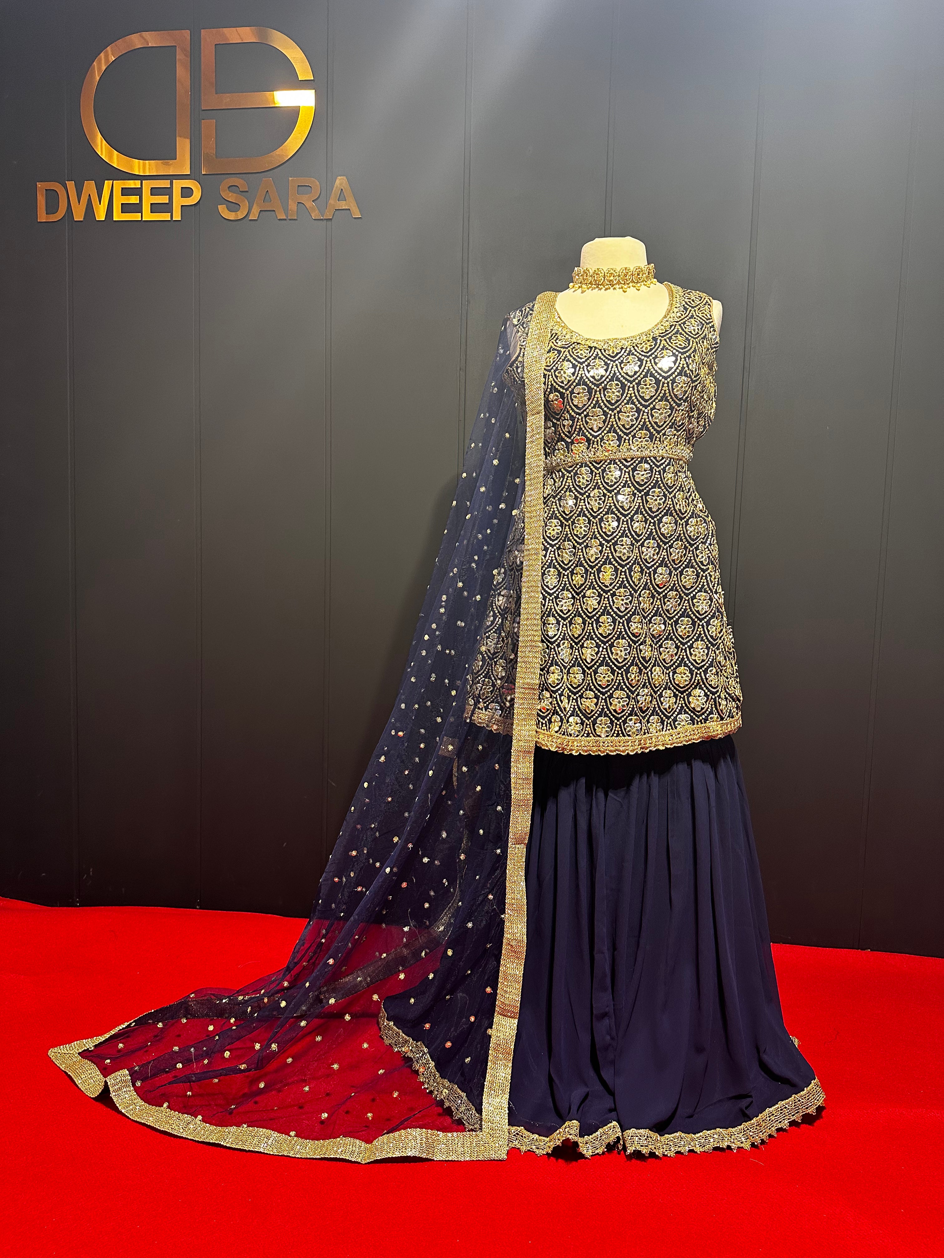 Navy Blue Heavy Embroidered Mirror Work Sharara set