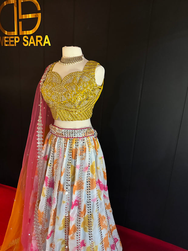 Yellow Pink Tie & Die Mirror Stone & Thread Work Lehenga