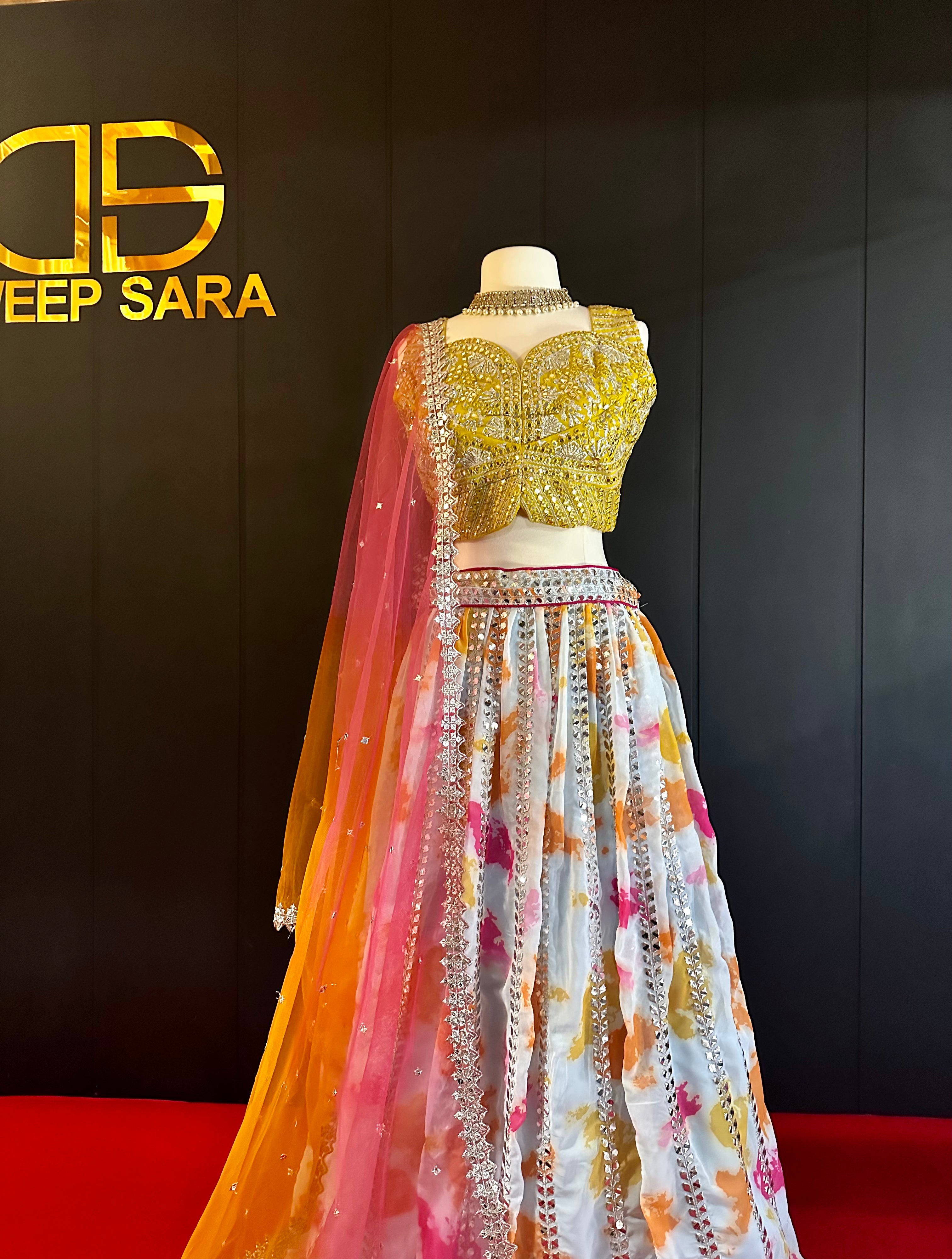 Yellow Pink Tie & Die Mirror Stone & Thread Work Lehenga