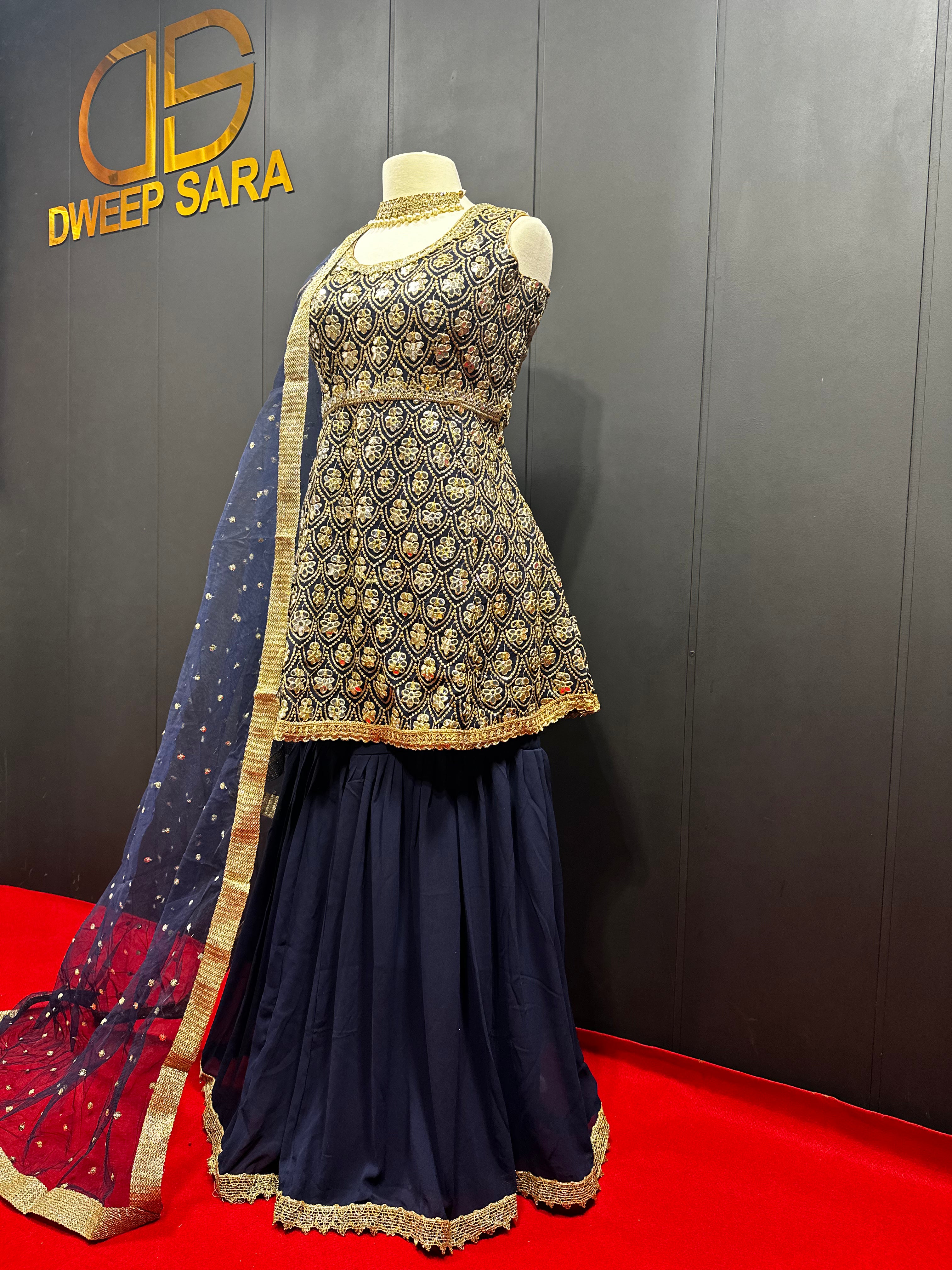 Navy Blue Heavy Embroidered Mirror Work Sharara set
