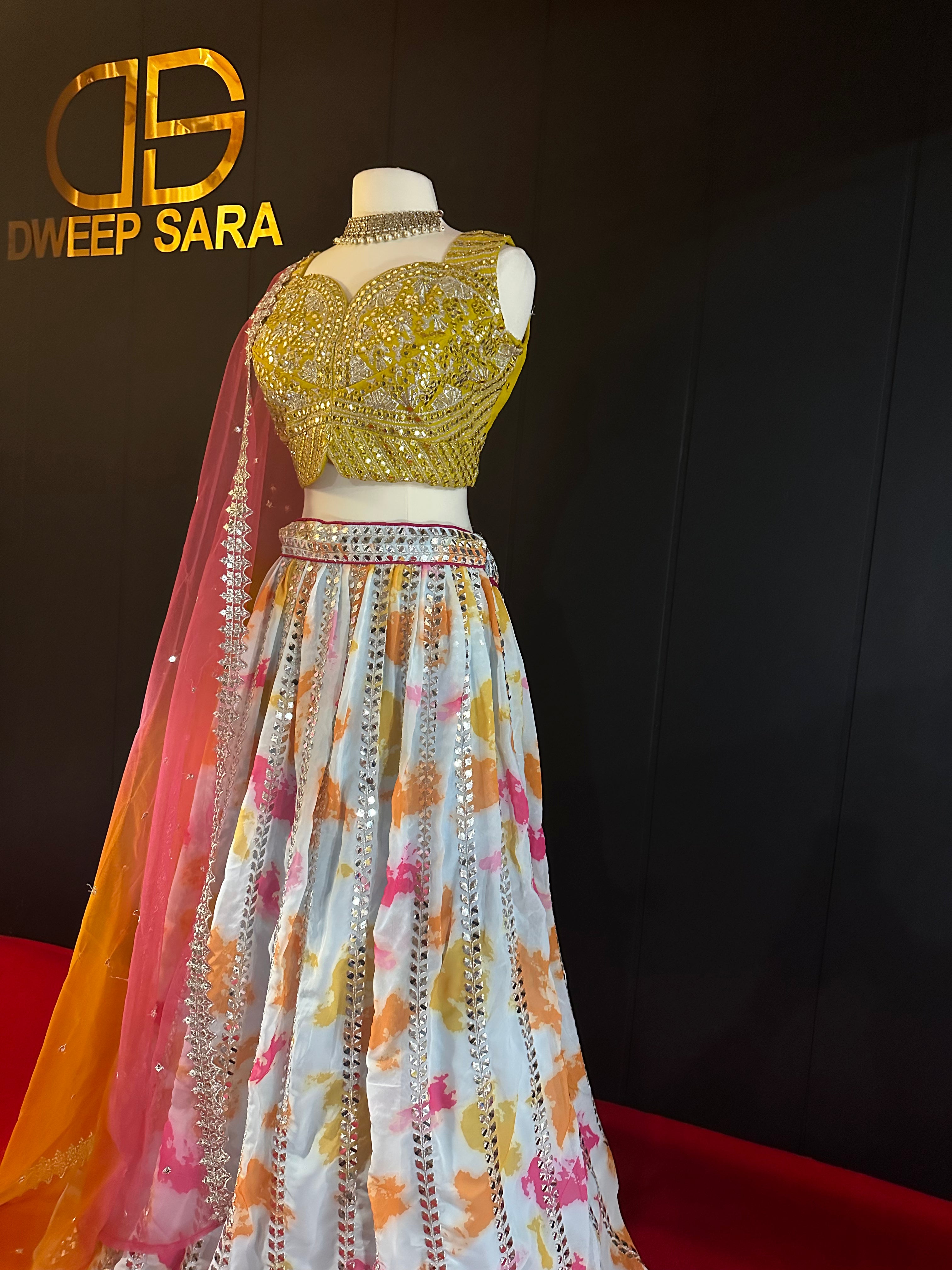 Yellow Pink Tie & Die Mirror Stone & Thread Work Lehenga