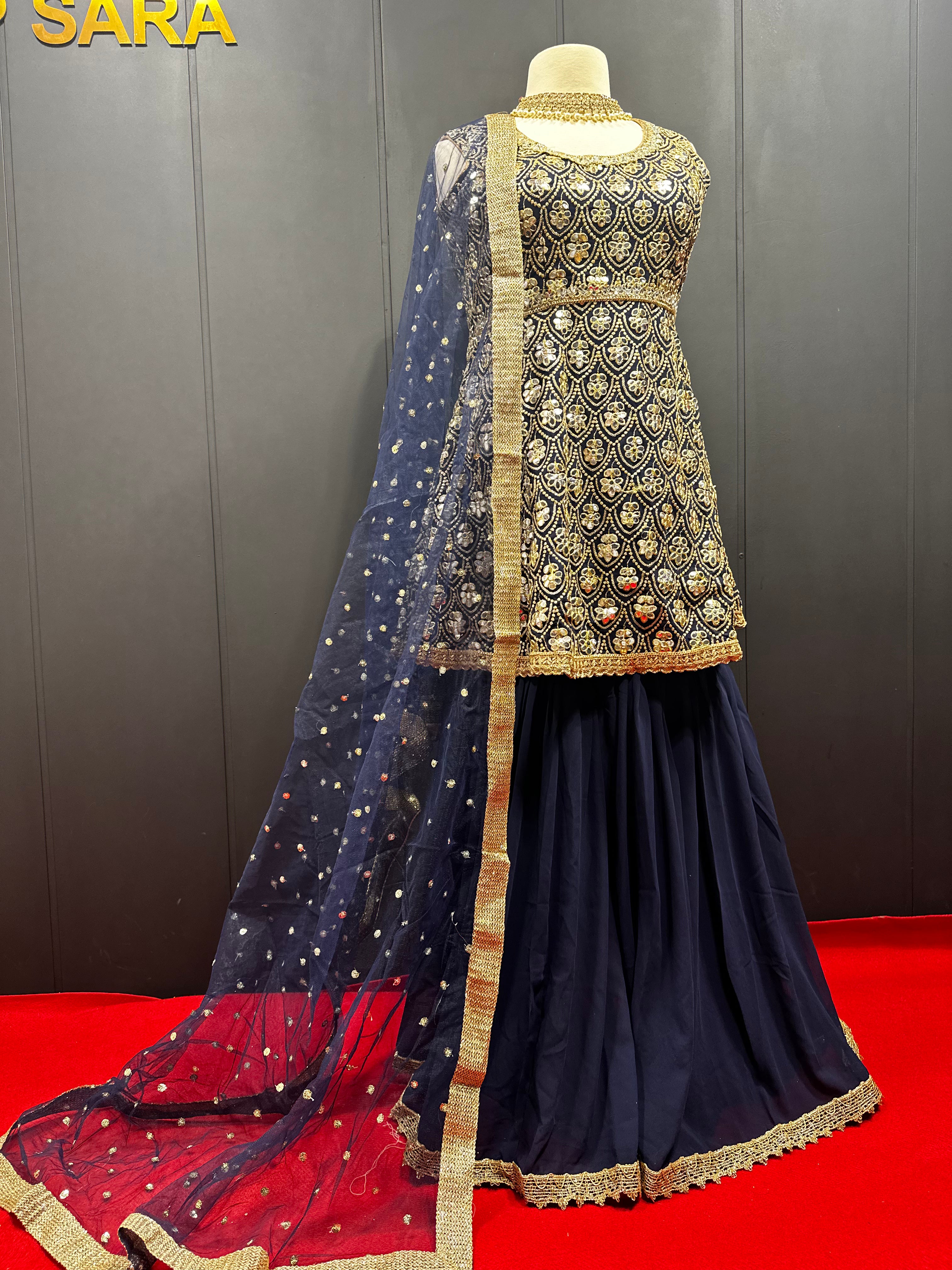 Navy Blue Heavy Embroidered Mirror Work Sharara set