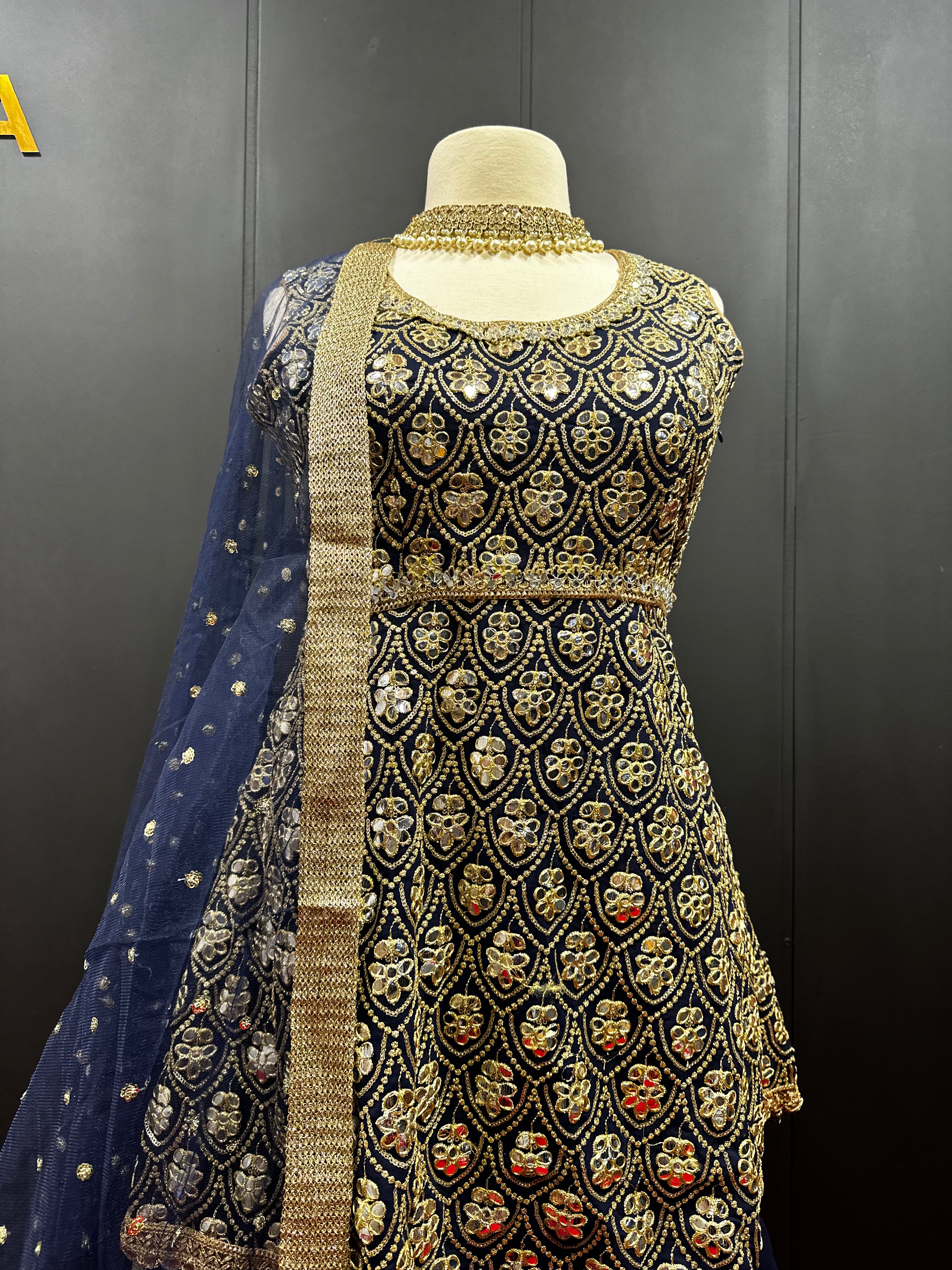 Navy Blue Heavy Embroidered Mirror Work Sharara set